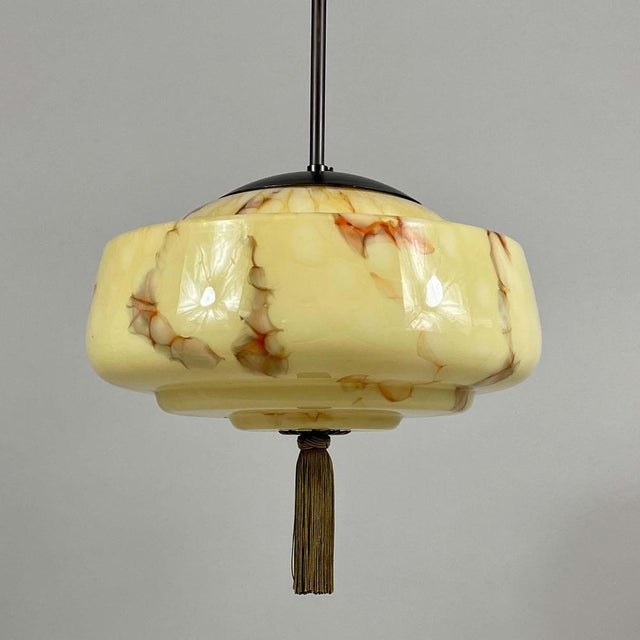 Art Deco Cream Marbled Opaline and Burnished Metal Tassel Pendant Light, 1930 For Sale - Image 18 of 18