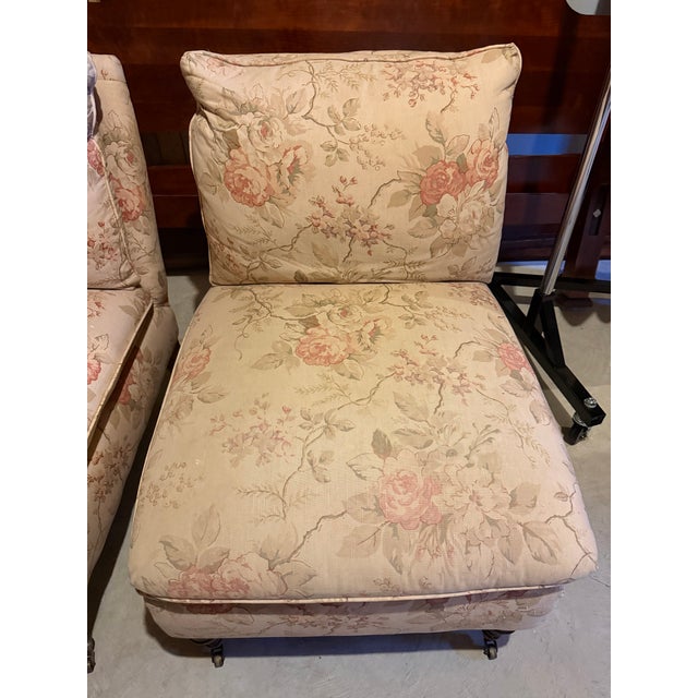 Victorian Pair of Vintage Floral Slipper Chairs With Turned Legs & Brass Casters For Sale - Image 3 of 17