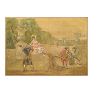 19th Century French Rustic Tapestry Cartoon, Depicting Youths at Play
