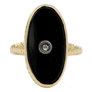 14k Solid Yellow Gold Oval Black Onyx and Diamond Ring, Size 4.5 For Sale