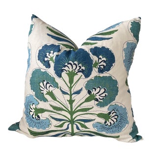 Thibaut “Tybee Tree” in Green and Blue Floral Down-Filled 18" Pillow - Single For Sale