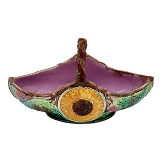 Beautiful Large 12 Inches Long Antique Victorian Majolica Basket With Sunflowers - Circa 1880s For Sale