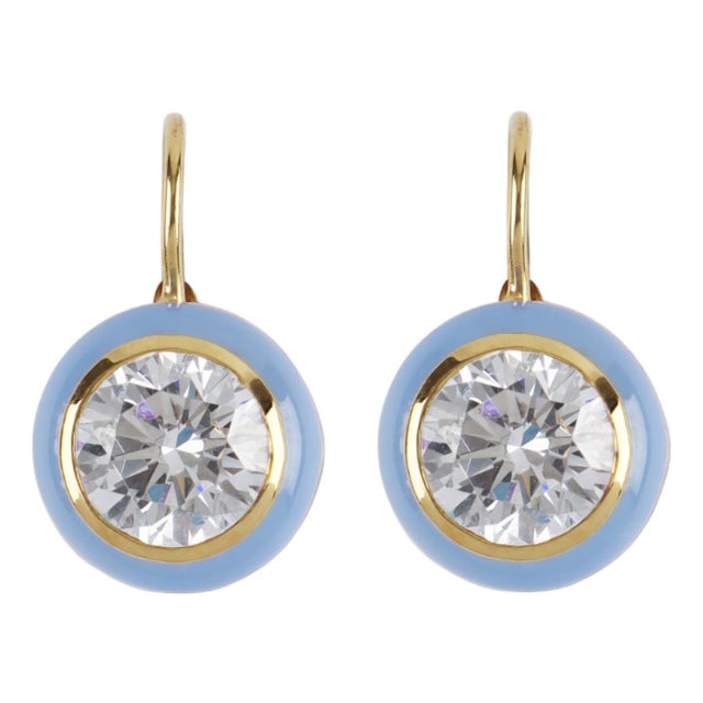 Blue Enamel Bezel Drop Earrings, A Pair For Sale