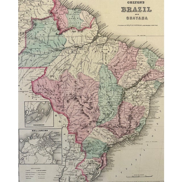 Original steel engraving by J.H. Colton, 1871. The map details the geography of Brazil, Guyana, Suriname, and French...