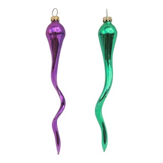 Vintage West Germany 7.5" Purple & Teal Glass Squiggly Teardrop Christmas Tree Ornaments - Set of 2 For Sale