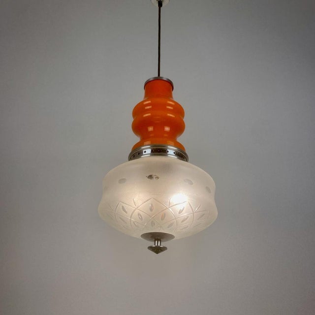 Mid-Century Orange & Frosted Glass Pendant Lamp from Targetti, Italy, 1970s, in Very Good conditions. Designed 1970 to...