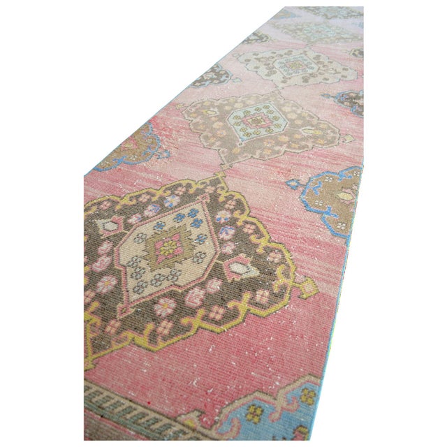 Pink 1960s Traditional Turkish Runner Hand Knotted Distressed Low Pile Pink Hallway Rug Kitchen Decor For Sale - Image 8 of 14