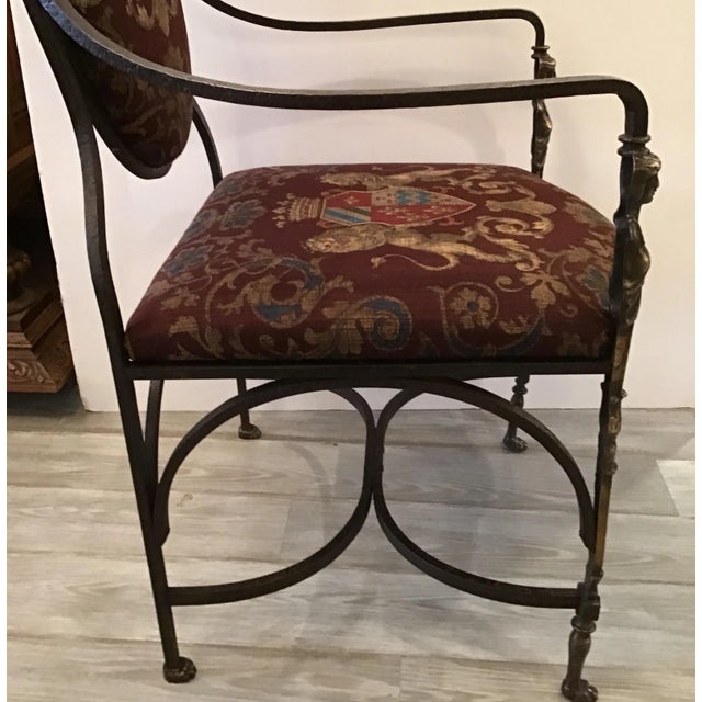 Traditional 1890s Vintage Handmade Wrought Iron & Burnished Brass Throne Chair with Armorial Fabric For Sale - Image 3 of 13