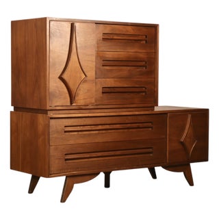 Specialty Woodcraft Sculpted Diamond Vintage Mid Century Modern Stacking Highboy Dresser C. 1960s, Attributed For Sale