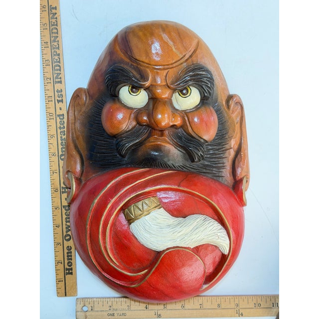 Japanese Vintage Hand-Carved Wood Daruma Bodhidharma Wall Mask With Hossu Fly Whisk For Sale - Image 3 of 12