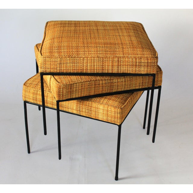 1950s 1950s Upholstered Wrought Iron Based Stools Attributed to Paul McCobb - Set of Three For Sale - Image 5 of 13