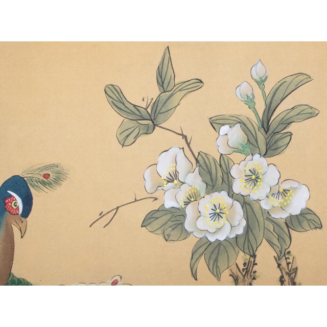 Khaki Circa 1970s Chinoiserie Style Painted Silk Screen "Peacock and Magnolia" For Sale - Image 8 of 18