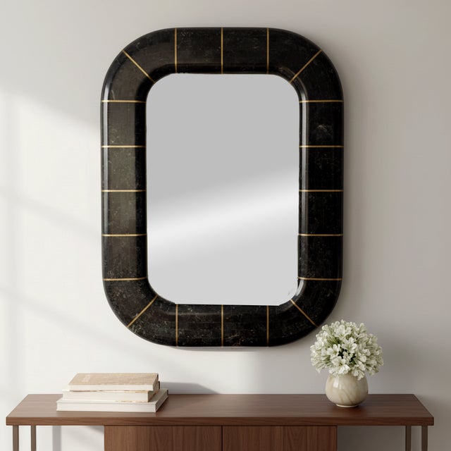Onyx 1980s Postmodern Tessellated Stone Wall Mirror Inlaid Brass Spokes Attrib. Maitland-Smith For Sale - Image 8 of 10