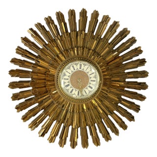 Vintage Circa 1969 Syroco Mid Century Modern Starburst Wall Clock in Antique Gold Finish For Sale