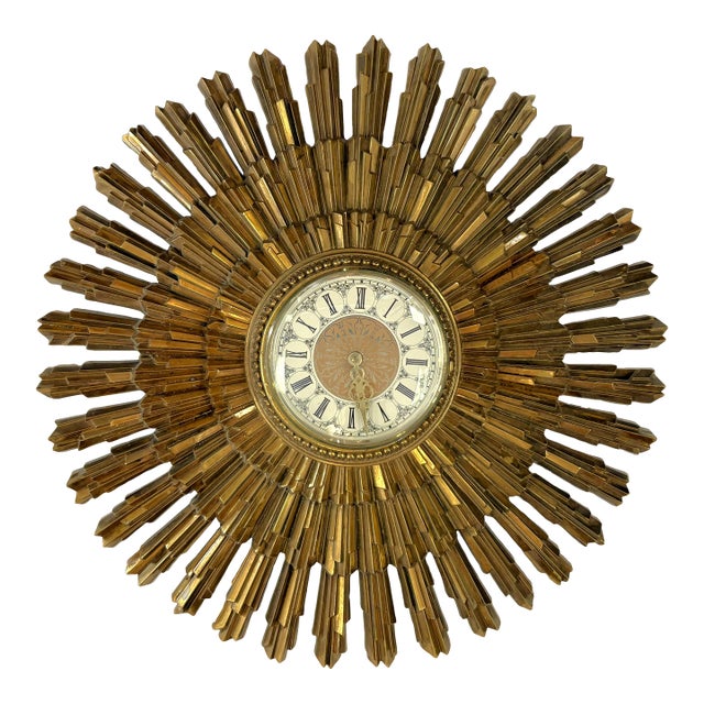 Vintage Circa 1969 Syroco Mid Century Modern Starburst Wall Clock in Antique Gold Finish For Sale
