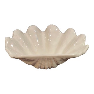 Large Vintage Ceramic Shell Decorative Majolica Style Bowl in White For Sale