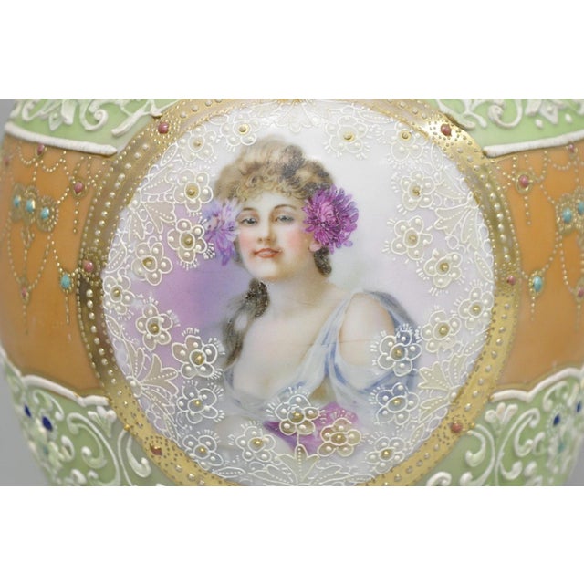 Antique Nippon Hand Painted Porcelain Green Moriage Twin Handle Portrait Vase For Sale - Image 4 of 17