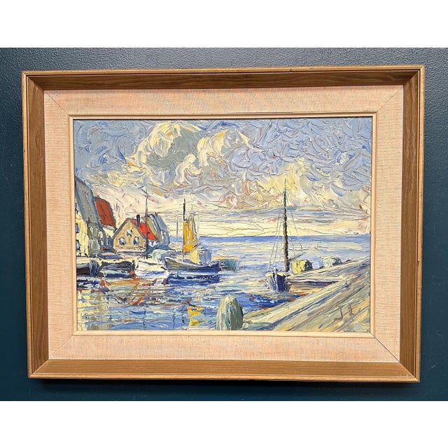 Scandinavian School, Port with Moored Sailboats, 1950s, Oil on Panel, Framed For Sale - Image 13 of 14