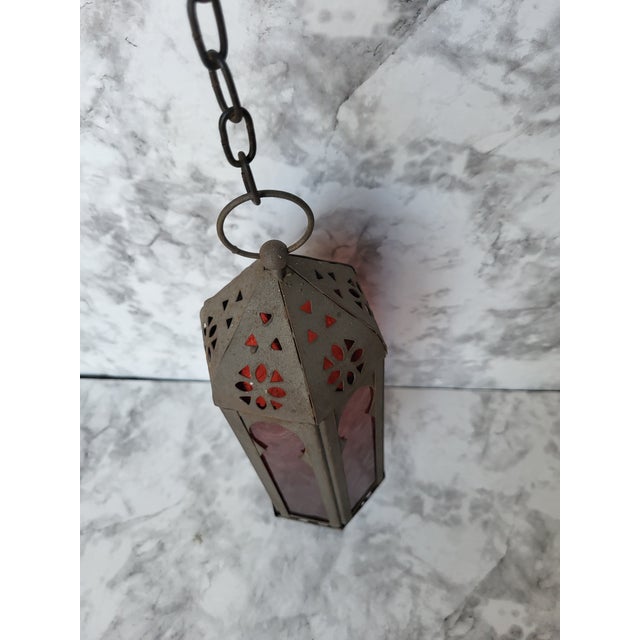 1990s Metal Moroccan Red Glass Lantern For Sale - Image 4 of 9