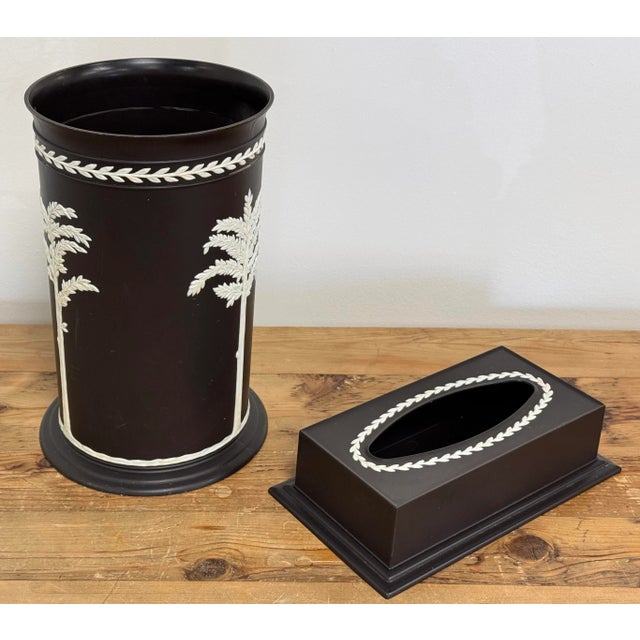 English Vintage Fesco Resin Black Wedgewood Style Waste Basket and Matching Tissue Box Holder For Sale - Image 3 of 11