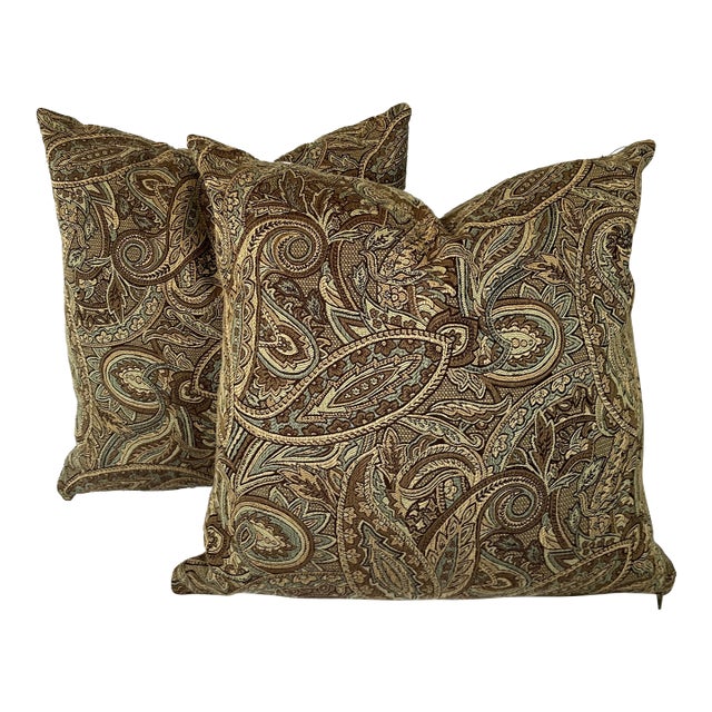 Blue and Beige Paisley Pattern Decorative Pillows - A Pair For Sale