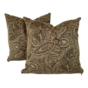 Blue and Beige Paisley Pattern Decorative Pillows - A Pair