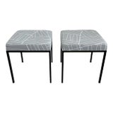 Vintage Avard Iron Stools in Geometric Palm Frond Outdoor Fabric Paul McCobb Style - a Pair For Sale