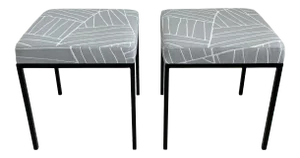 Vintage Avard Iron Stools in Geometric Palm Frond Outdoor Fabric Paul McCobb Style - a Pair