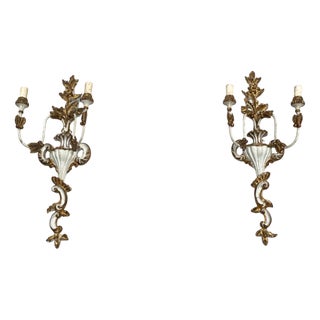 Italian Two-Light Wall Lamps in Wood with Gold Finish, 1700s, Set of 2 For Sale