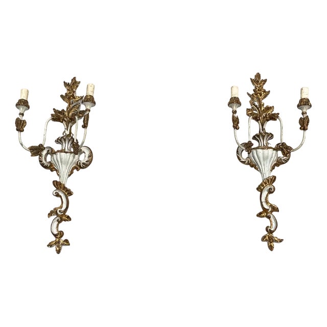 Italian Two-Light Wall Lamps in Wood with Gold Finish, 1700s, Set of 2 For Sale