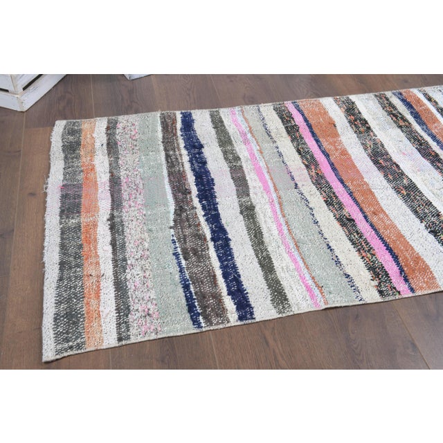 Vintage Turkish Hand-Knotted Wool Cotton White Kilim Runner Rug For Sale - Image 6 of 10