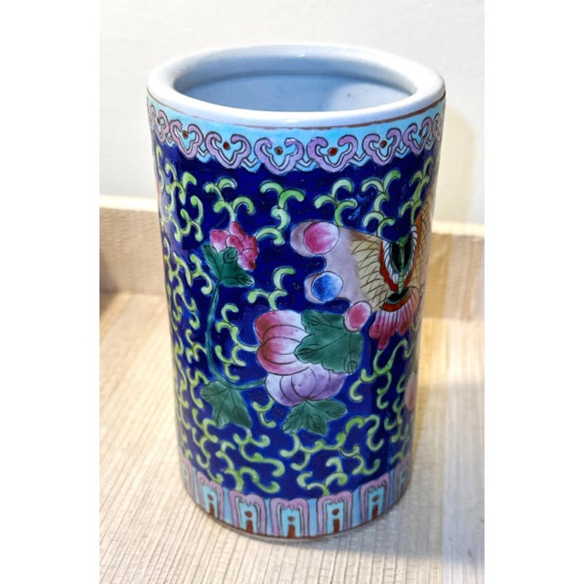 Vintage Chinoiserie Hand Painted Chinese Enameled Brush Pots - A Pair For Sale - Image 12 of 12