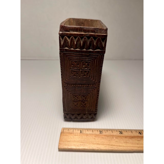 Brown Antique Kuba Wooden Container DRC Congo African Tribal Geometric Carving For Sale - Image 8 of 9