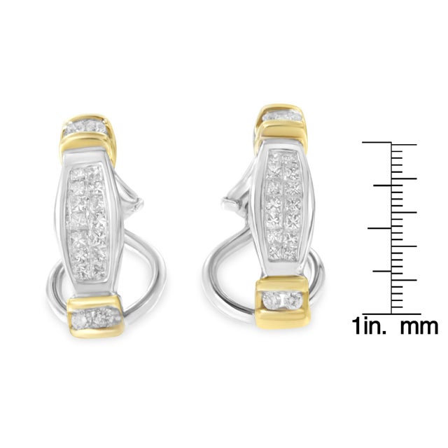 14K Two-Toned Gold Round and Princess Cut Diamond Earrings (0.5 cttw, H-I Color, SI2-I1 Clarity) For Sale - Image 4 of 4