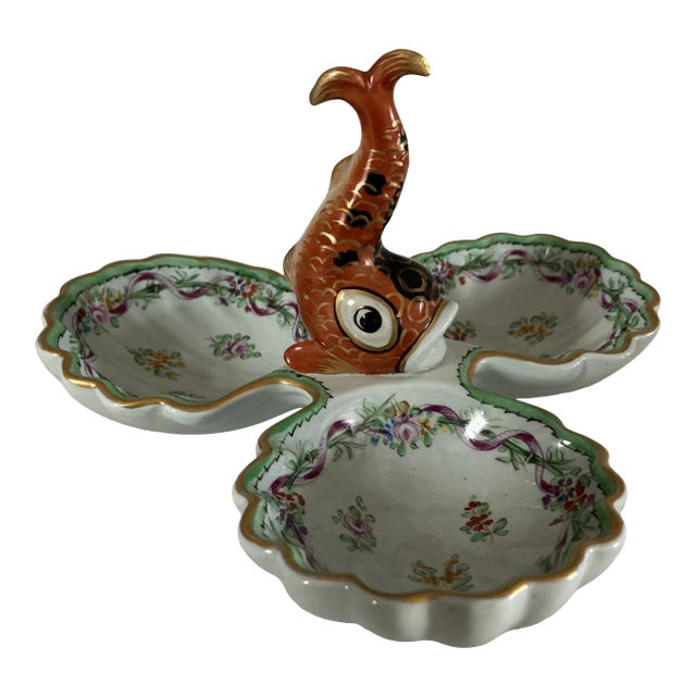 Vintage Hand Painted Ceramic Fish Handle Divided Dish For Sale