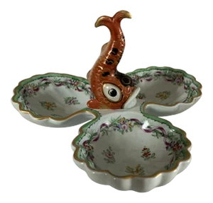 Vintage Hand Painted Ceramic Fish Handle Divided Dish