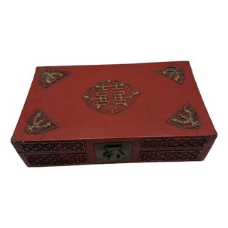 Vintage Chinese Red Leather & Wood Wedding Box With Double Happiness Motif For Sale