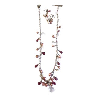 1990s Laura Gibson Sterling Silver Pearls & Dangling Faceted Gems Necklace & Earrings, 3 Pieces For Sale