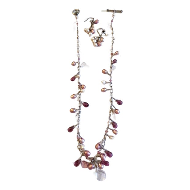 1990s Laura Gibson Sterling Silver Pearls & Dangling Faceted Gems Necklace & Earrings, 3 Pieces For Sale