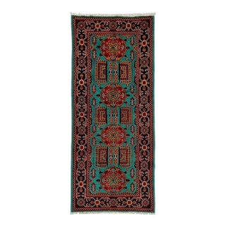 Turquoise Floral Geometric Tribal Wool Runner, 2'9" X 6'7" For Sale