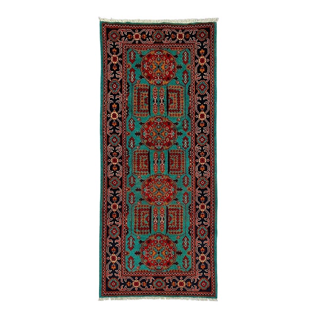 Turquoise Floral Geometric Tribal Wool Runner, 2'9" X 6'7" For Sale
