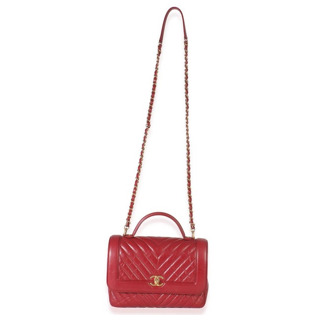 Red Red Chevron Calfskin Top Handle Flap Bag For Sale - Image 8 of 9