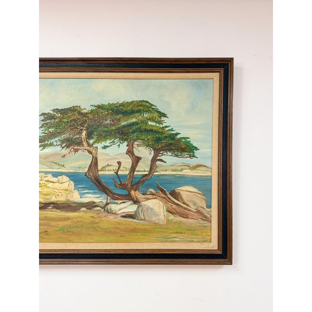 Mid 20th Century Vintage Oil Painting Coastal Landscape Gnarled Tree Seascape Signed Framed For Sale - Image 5 of 9