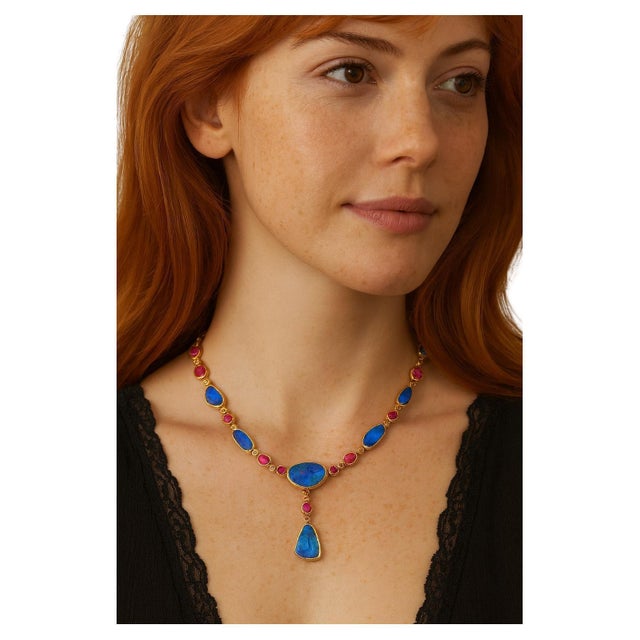 Baroque Bochic “Capri” Vintage Ruby & Blue Opal Necklace Set In 18K Gold & Silver For Sale - Image 3 of 6