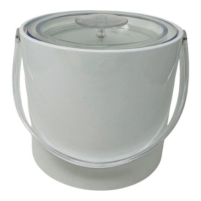 Signed Georges Briard Mid-Century White Vinyl & Lucite Ice Bucket With 22k Gold Hallmark For Sale