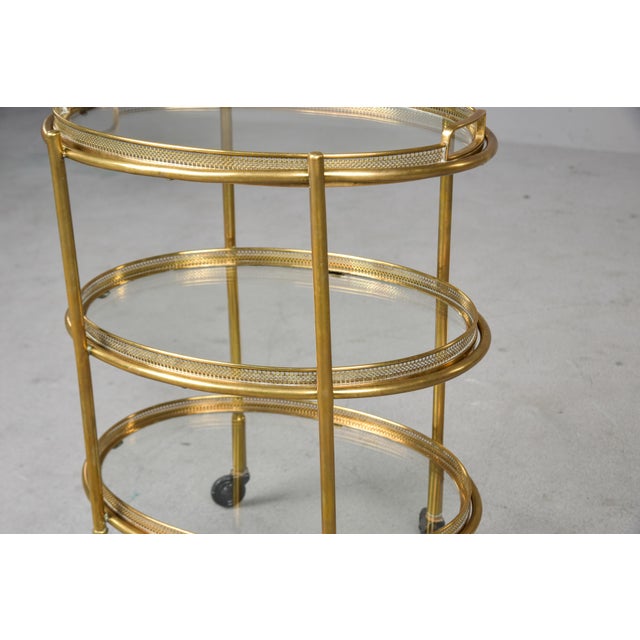 Hollywood Regency Style Small Three Tier Brass Trolley With Removable Trays For Sale - Image 11 of 12