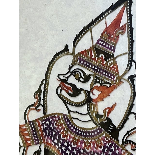 Early 21st Century Fine Indonesian Hand-Coloured Pierced Leather Deity, Gilt-Framed Wayang Shadow Art Under Glass For Sale - Image 5 of 10