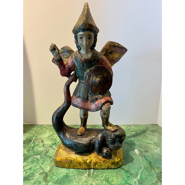 Wood 18th Century Spanish Polychrome Wood Carving of St. Michael For Sale - Image 7 of 12