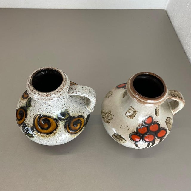 1970s Pottery Fat Lava Vases Floral attributed to Scheurich, Germany, 1970s, Set of 2 For Sale - Image 5 of 18
