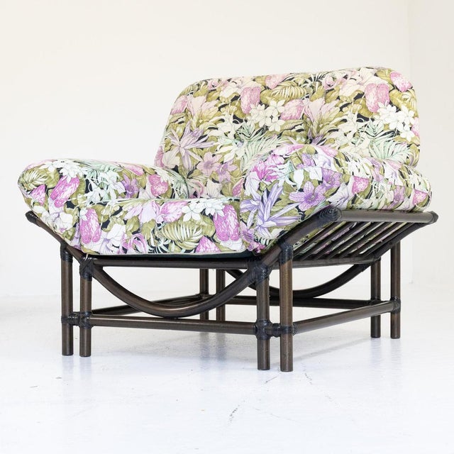 Wood Rattan Armchairs with Floral Cushions, 1970s, Set of 2 For Sale - Image 7 of 9